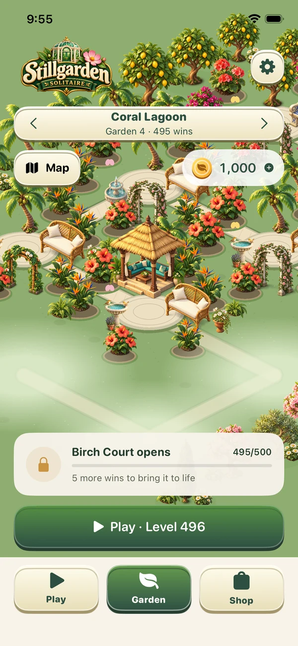 A tropical Stillgarden garden with palms, flowers and a lagoon pavilion