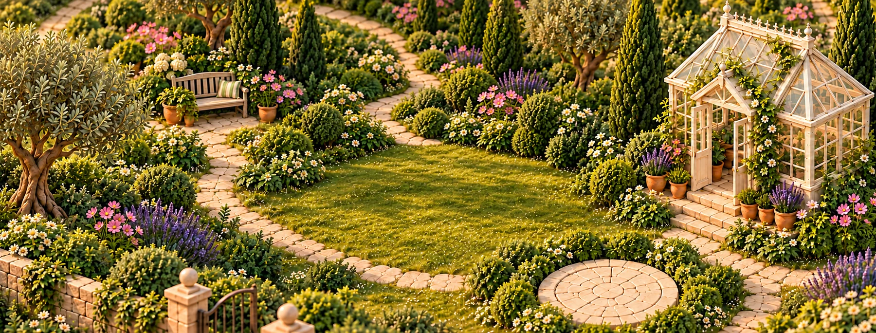 A sunlit garden with flowers, winding paths, a wooden bench and a glass greenhouse
