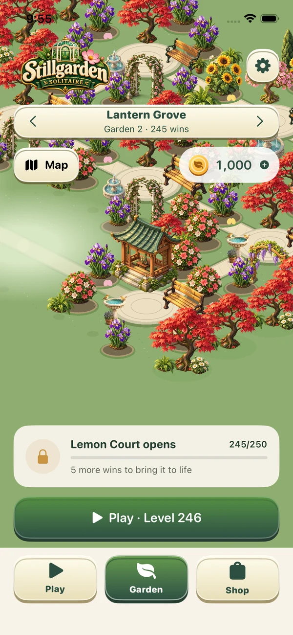 A Japanese-inspired Stillgarden garden with a tea pavilion and colorful flowers
